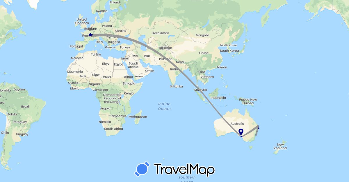 TravelMap itinerary: driving, plane, boat in Australia, Switzerland, France, Singapore (Asia, Europe, Oceania)
